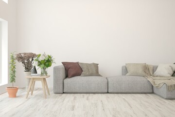 White living room with sofa. Scandinavian interior design. 3D illustration