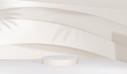 Cream color Podium for product display presentation and palm leaf with sun light in minimal on a white wall background , 3d rendering.
