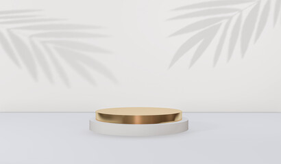 Abstract background Gold Podium for product display presentation and palm leaf in minimal on a white wall, 3d rendering.
