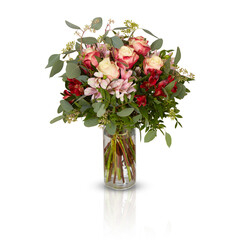 bouquet of flowers in a glass vase  isolated on white background with clipping path