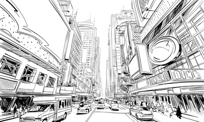 Times square. New York. USA. Hand drawn city sketch. Vector illustration. - 491877676