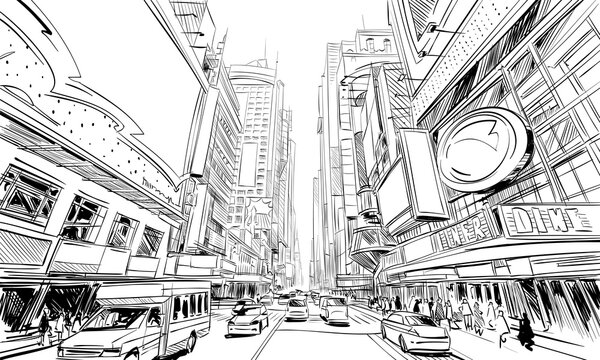 Times square. New York. USA. Hand drawn city sketch. Vector illustration.