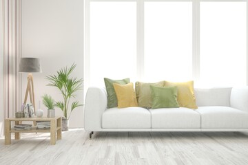 White living room with sofa. Scandinavian interior design. 3D illustration