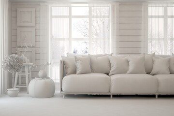 White living room with sofa and winter landscape in window. Scandinavian interior design. 3D illustration