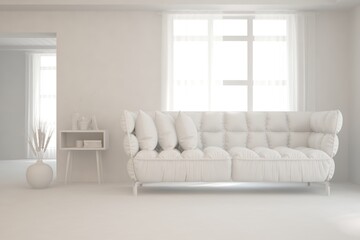 Mock up of minimalist living room in white color with sofa. Scandinavian interior design. 3D illustration