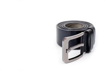 Black leather belt with a classic metal buckle for men's trousers and jeans.