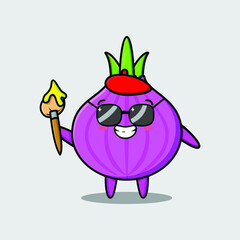 Cute cartoon character Onion painter with hat and a brush to draw in cute design style design 