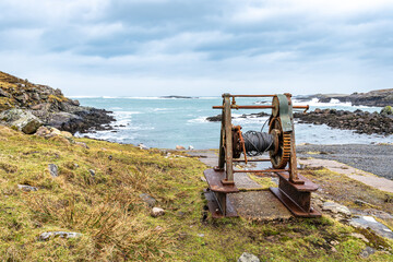 Disused Boat winch above the slipway at Mealastra on the west coast of the Isle of Lewis in the...