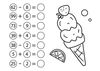 Children's math game, subtraction and addition of numbers. Coloring page ice cream. Mini task, write the answer in the empty circle. Preschool education. Vector illustration in cartoon style.