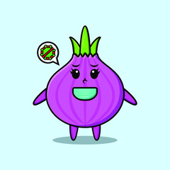 Cute cartoon mascot illustration onion using mask to prevent corona virus 