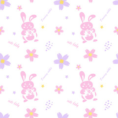 Seamless pastel pattern with cute pink bunny, flowers and cute baby lettering on a white background. Vector design for baby products, diapers, clothes, textiles, wrapping paper, prints, decorations.