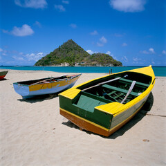 Rowing boats on beach in front of Sugar Loaf Island, Sauteurs, Grenada, Caribbean - obrazy, fototapety, plakaty