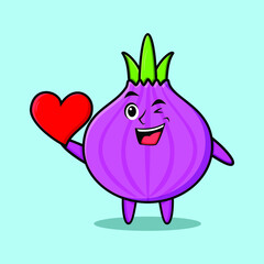 Cute cartoon onion character holding big red heart in modern