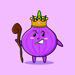 Cute cartoon onion mascot as wise king with golden crown and wooden stick cute modern style design for t-shirt, sticker, logo element
