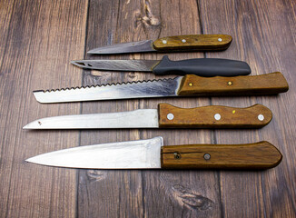 Old knives close-up. Antique knives. Old kitchen knives.