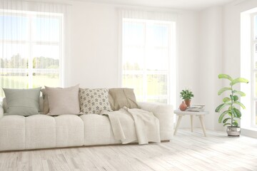 Minimalist living room in white color with sofa and summer landscape in window. Scandinavian interior design. 3D illustration