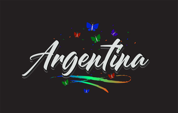 White Argentina Handwritten Vector Word Text with Butterflies and Colorful Swoosh.
