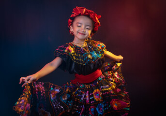 mexican girl with traditional dress from the state of chiapas with a beautiful smile and a black...