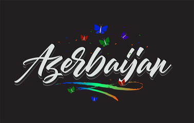 Fototapeta na wymiar White Azerbaijan Handwritten Vector Word Text with Butterflies and Colorful Swoosh.