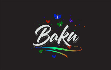 White Baku Handwritten Vector Word Text with Butterflies and Colorful Swoosh.