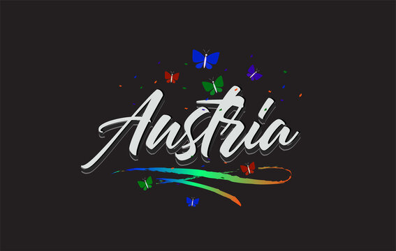 White Austria Handwritten Vector Word Text with Butterflies and Colorful Swoosh.