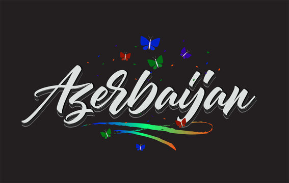 White Azerbaijan Handwritten Vector Word Text with Butterflies and Colorful Swoosh.