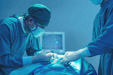 In the operating room of a hospital, a group of surgeons are performing surgery. In the operating...