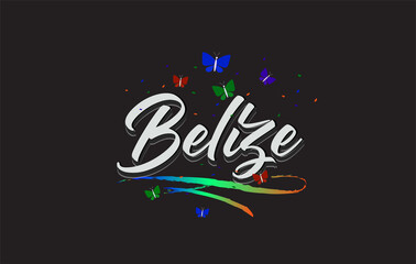 Fototapeta na wymiar White Belize Handwritten Vector Word Text with Butterflies and Colorful Swoosh.