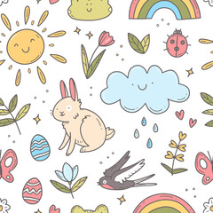 Spring seamless doodle pattern. Easter illustration background.