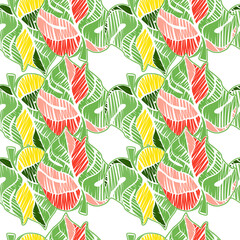 Hand drawn embroidery monstera leaves tropical seamless pattern. Palm leaf endless wallpaper.