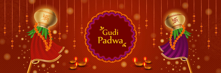 Happy Gudi Padwa Colorful Horizontal Website Header Vector Illustration. Hindu New Year Festival Banner with decoration, mandala, rangoli,  typography, oil lamps, golden pot, marigold,   mango leaves - obrazy, fototapety, plakaty
