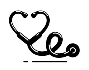 Heart shaped stethoscope vector simple icon isolated over white background, cardiology theme illustration or logo.