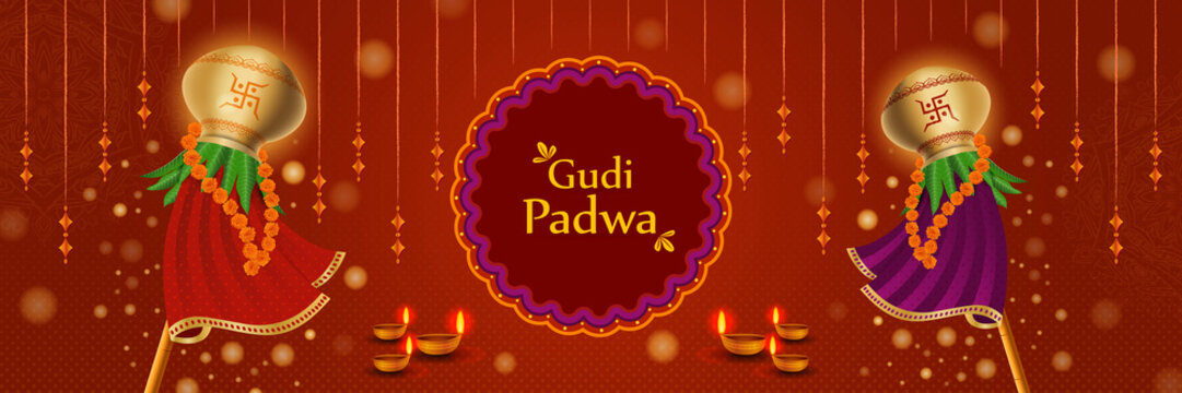 Happy Gudi Padwa Colorful Horizontal Website Header Vector Illustration. Hindu New Year Festival Banner with decoration, mandala, rangoli,  typography, oil lamps, golden pot, marigold,   mango leaves