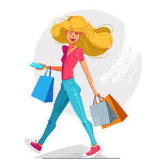 Fototapeta na wymiar Young happy blond girl walking with bags after shopping vector illustration, funny cartoon young woman discount sale customer, beautiful and joyful.