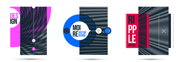 Moire op art vector design elements, graphic style posters and banners and brochures set, abstract modern art with distorted grid.