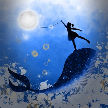 Girl and whale catching the Moon. Fantasy silhouette art