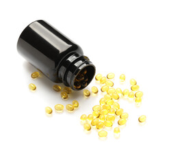 Bottle with gel pills on white background