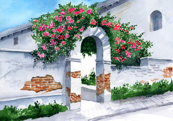 Watercolor illustration of an old arched entrance with a whitewashed brick fence entwined with climbing red roses