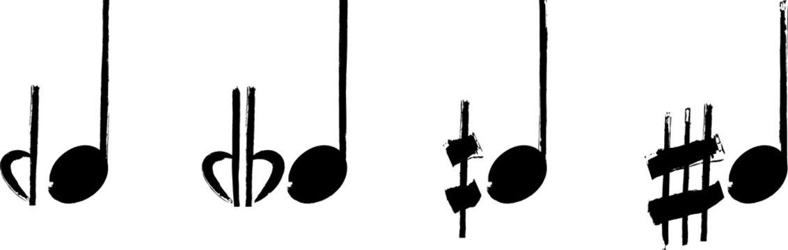 Set of the Microtones symbols. Demiflat, Flat-and-a-half (sesquiflat), Demisharp, Sharp-and-a-half (sesquisharp). Musical signs aesthetics. Black ink handwriting. Vector