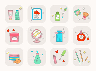 Set of cute cosmetic icons about skin care, spa salon, beauty products. Cartoon fancy korean cosmetics vector graphic elements. 
