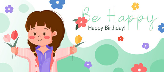 Happy Birthday Banner. Young girl with flowers on natural background for Birthday Greeting Card.
