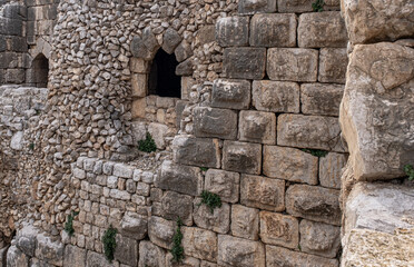 Detailed view of the Southwestern Tower wall of Nimrod fortress (castle), located in Northern Golan, at the southern slope of Mount Hermon, the biggest Crusader-era castle in Israel