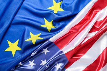 Flags of European Union and USA as background, closeup