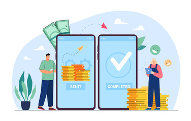 Mobile payment transfer flat vector illustration. Tiny man and woman sending and receiving money wireless, doing remittance with help of smartphone. Bank deposit, cashless, business concept - obrazy, fototapety, plakaty