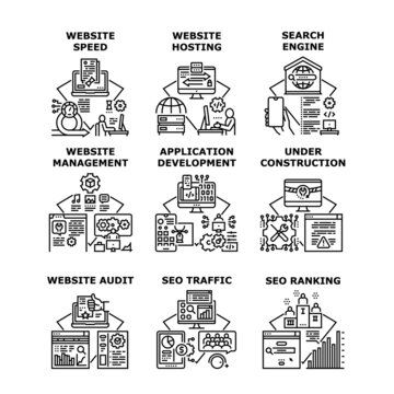 Website Hosting Set Icons Vector Illustrations. Website Hosting Speed And Management, Audit And Host, Seo Ranking And Traffic, Application Development And Under Construction Black Illustration © vectorwin