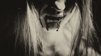 Woman with bloody mouth closeup photo