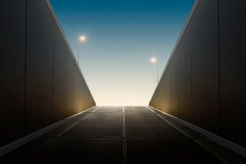Night view of urban tunnel exit. Escape concept.