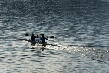 Two canoeists on the Sella river. Training. Sport. Famous test. Ribadesella, Asturias. 