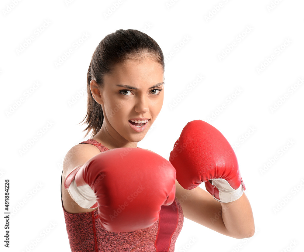 Poster sporty teenage girl in red boxing gloves on white background