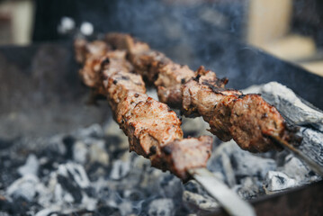 Skewers are fried on the fire. Appetizing barbecue
